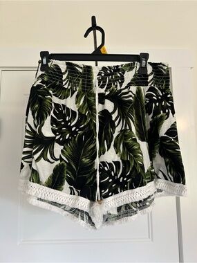No Boundaries White & Green Tropical Leaf High Waist Shorts